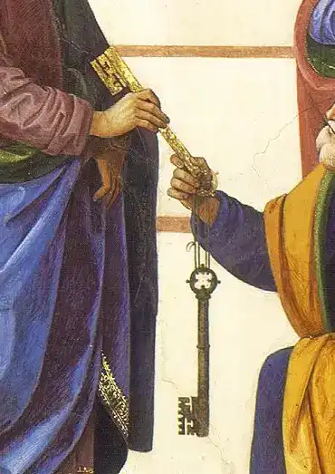 Renaissance painting detail of keys being handed over